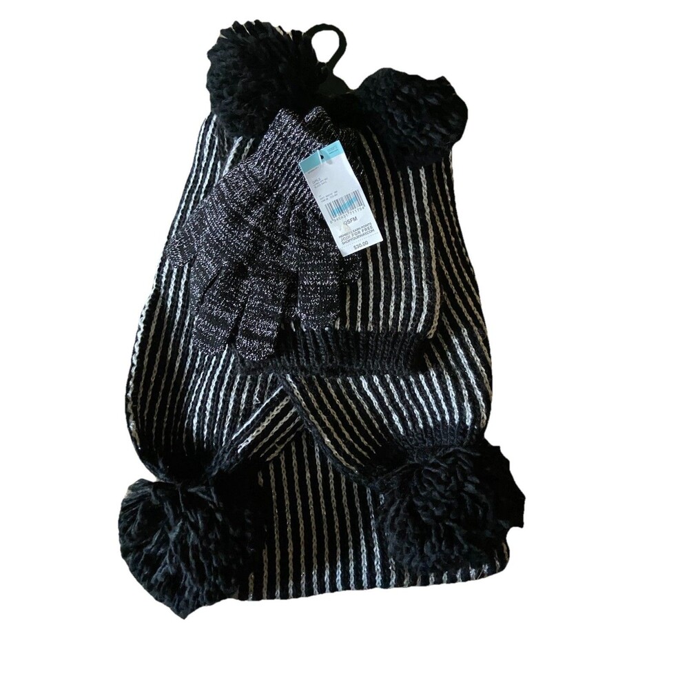 NWT Joe Boxer Girls Lurex 3pc Set Scarf, Beanie, Gloves - Black Onyx